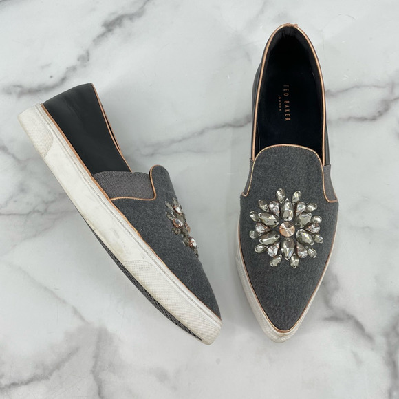Ted Baker Shoes - Ted Baker Womens Loafer Flat Shoes Gray White Rhinestone Pointed Toe 7.5 EUR 38